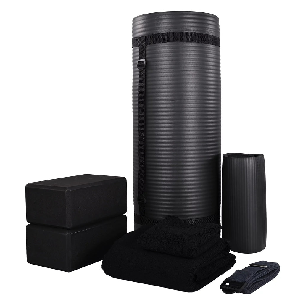 Fitness 7 Pc Yoga Set W/ Mat, Stretch Strap, & Knee Pad, Black