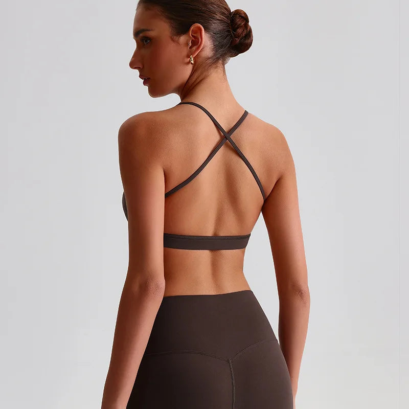 Summer Women's Sports Fitness Yoga Bra Wear Sexy Open Back Vest Sweatproof Breathable Gym Fitness Top Elastic Fabric Padded Bra