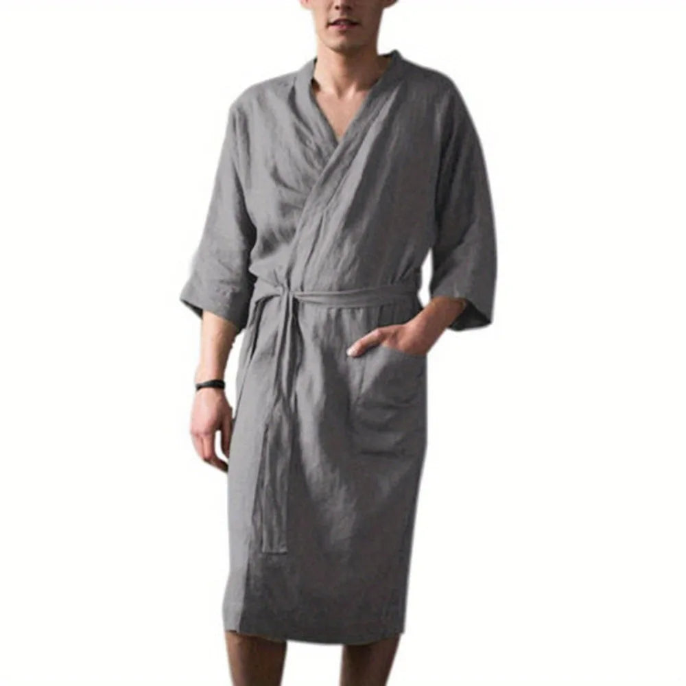 Spring-Autumn European-American Men's Loungewear - Comfortable Mid-Length 3/4-Sleeve Robe, Collarless Warm Half-Sleeve Pajamas