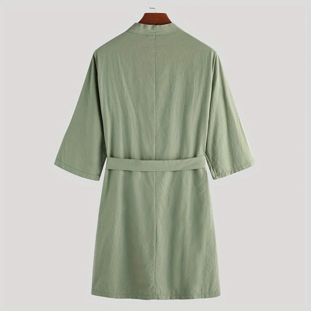 Spring-Autumn European-American Men's Loungewear - Comfortable Mid-Length 3/4-Sleeve Robe, Collarless Warm Half-Sleeve Pajamas