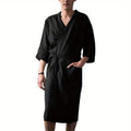 Spring-Autumn European-American Men's Loungewear - Comfortable Mid-Length 3/4-Sleeve Robe, Collarless Warm Half-Sleeve Pajamas