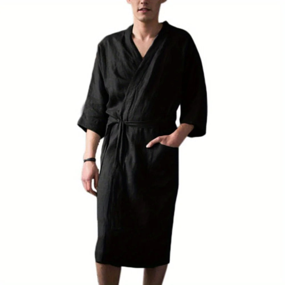 Spring-Autumn European-American Men's Loungewear - Comfortable Mid-Length 3/4-Sleeve Robe, Collarless Warm Half-Sleeve Pajamas