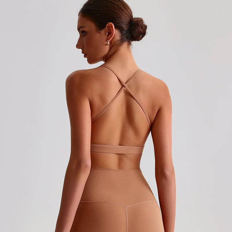 Summer Women's Sports Fitness Yoga Bra Wear Sexy Open Back Vest Sweatproof Breathable Gym Fitness Top Elastic Fabric Padded Bra