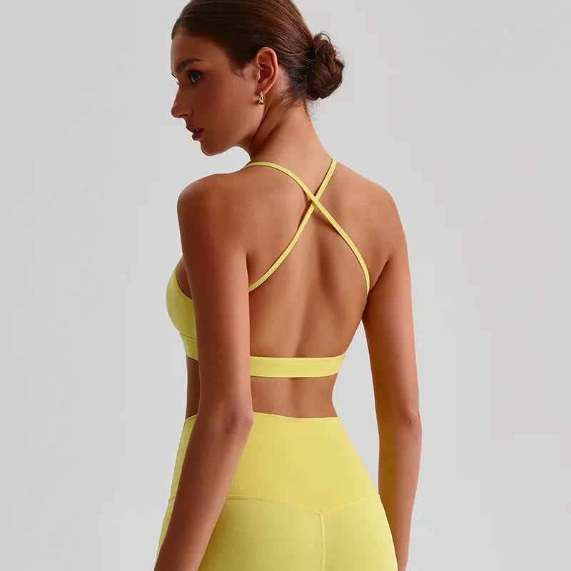 Summer Women's Sports Fitness Yoga Bra Wear Sexy Open Back Vest Sweatproof Breathable Gym Fitness Top Elastic Fabric Padded Bra