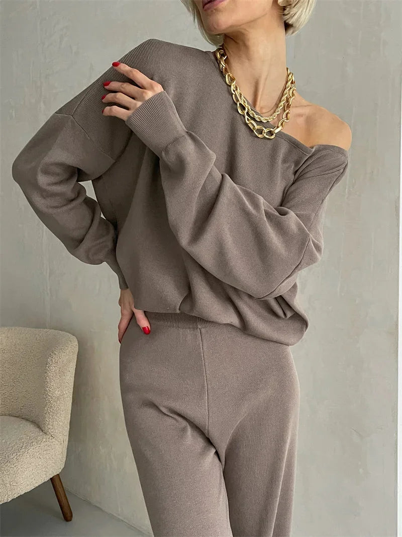 Elegant Loungewear Knitted 2 Piece Set Knit Pants and Sweater Matching Set Women Casual Winter Knitted Two Piece Sets Women 2024