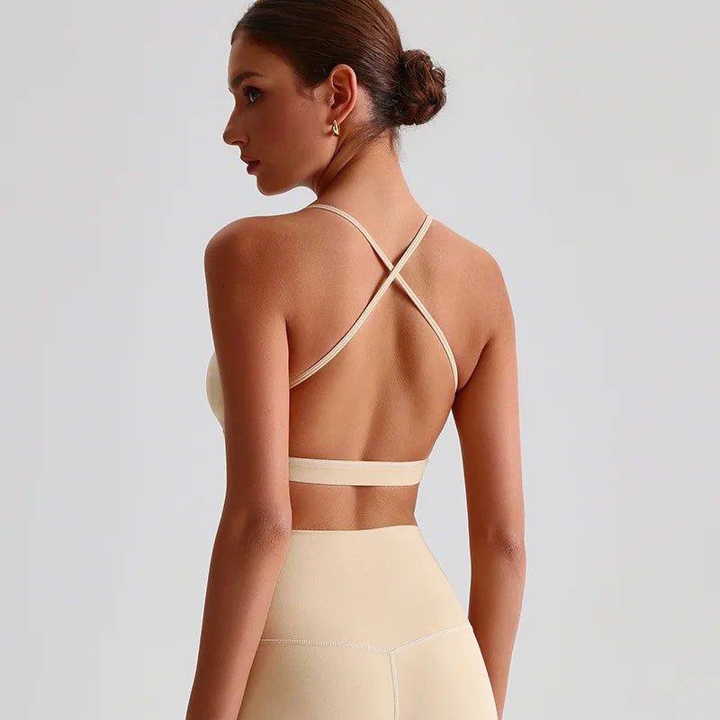 Summer Women's Sports Fitness Yoga Bra Wear Sexy Open Back Vest Sweatproof Breathable Gym Fitness Top Elastic Fabric Padded Bra