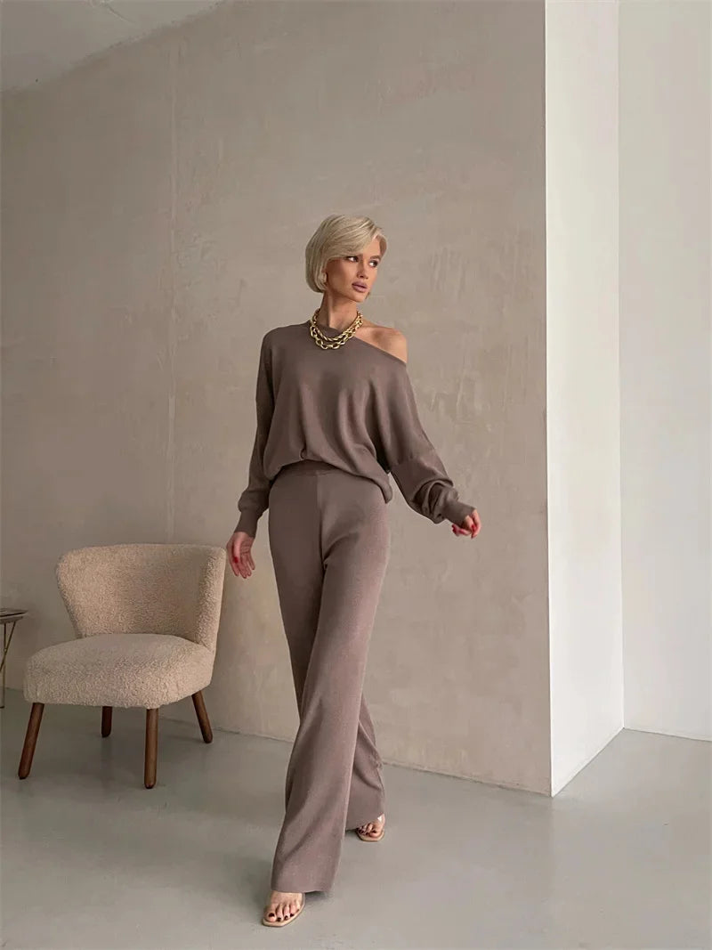 Elegant Loungewear Knitted 2 Piece Set Knit Pants and Sweater Matching Set Women Casual Winter Knitted Two Piece Sets Women 2024