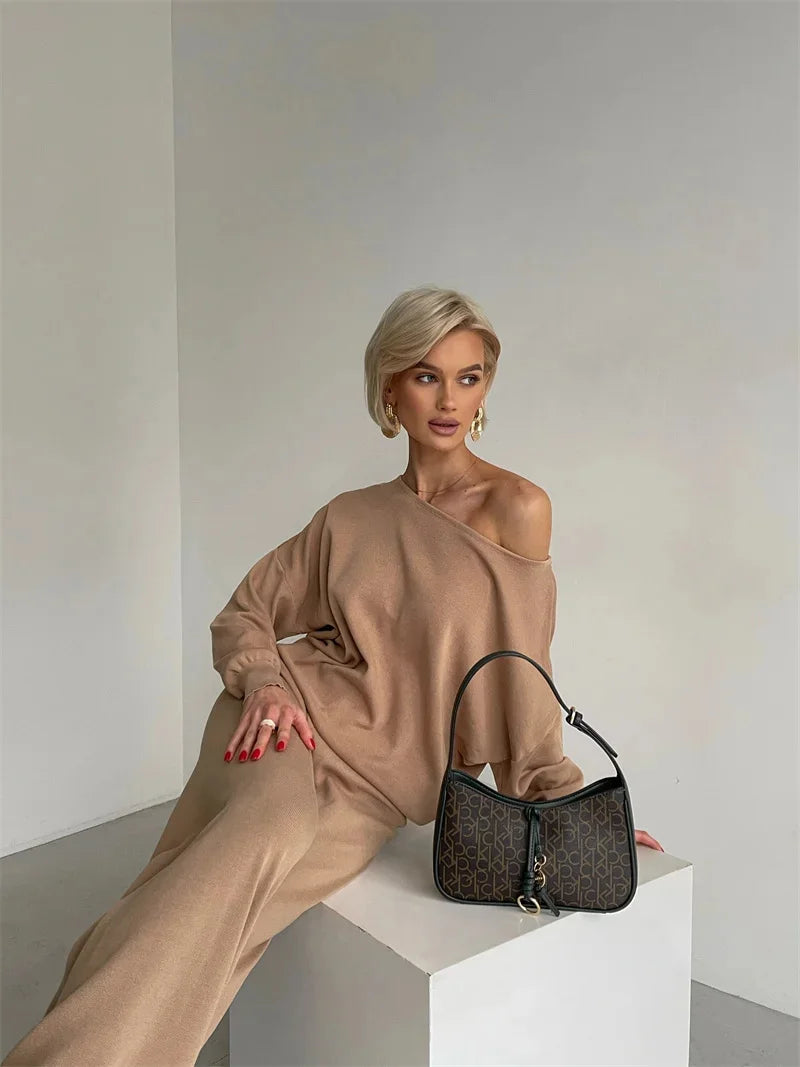 Elegant Loungewear Knitted 2 Piece Set Knit Pants and Sweater Matching Set Women Casual Winter Knitted Two Piece Sets Women 2024