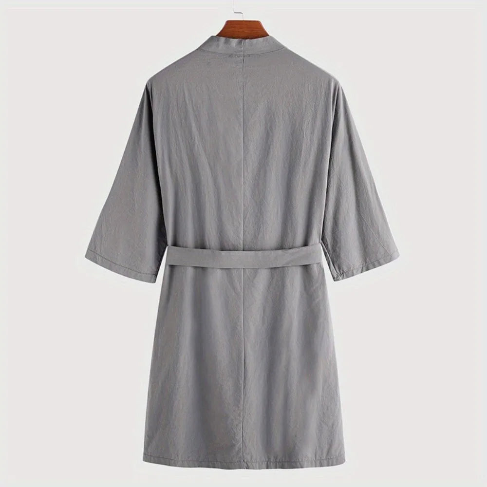 Spring-Autumn European-American Men's Loungewear - Comfortable Mid-Length 3/4-Sleeve Robe, Collarless Warm Half-Sleeve Pajamas