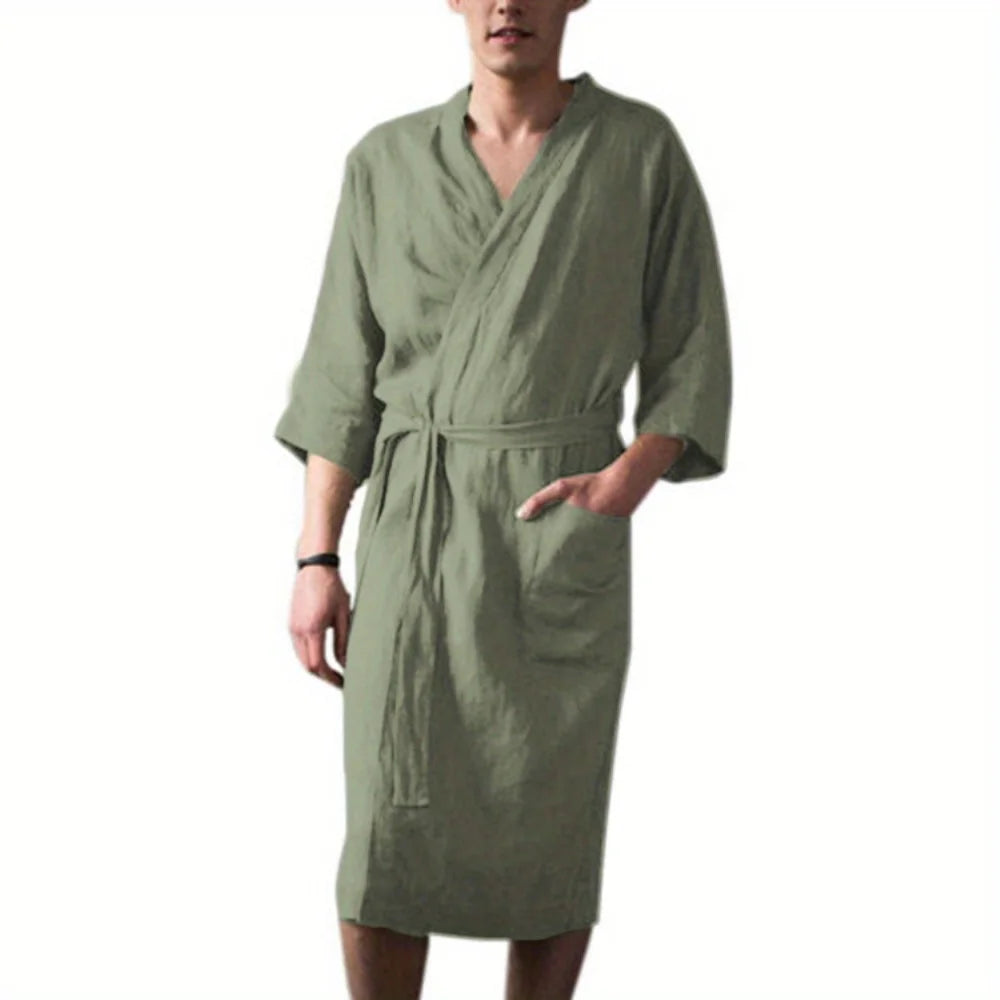 Spring-Autumn European-American Men's Loungewear - Comfortable Mid-Length 3/4-Sleeve Robe, Collarless Warm Half-Sleeve Pajamas