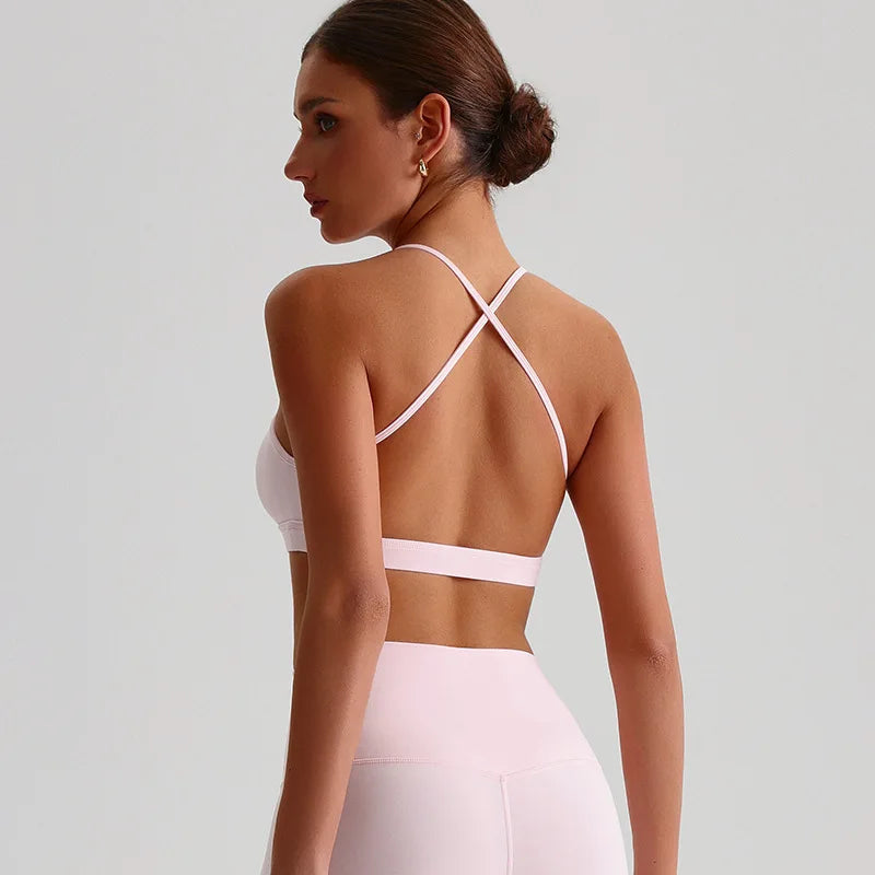 Summer Women's Sports Fitness Yoga Bra Wear Sexy Open Back Vest Sweatproof Breathable Gym Fitness Top Elastic Fabric Padded Bra