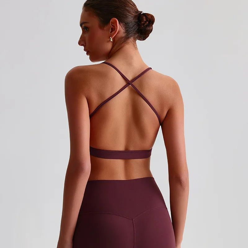 Summer Women's Sports Fitness Yoga Bra Wear Sexy Open Back Vest Sweatproof Breathable Gym Fitness Top Elastic Fabric Padded Bra