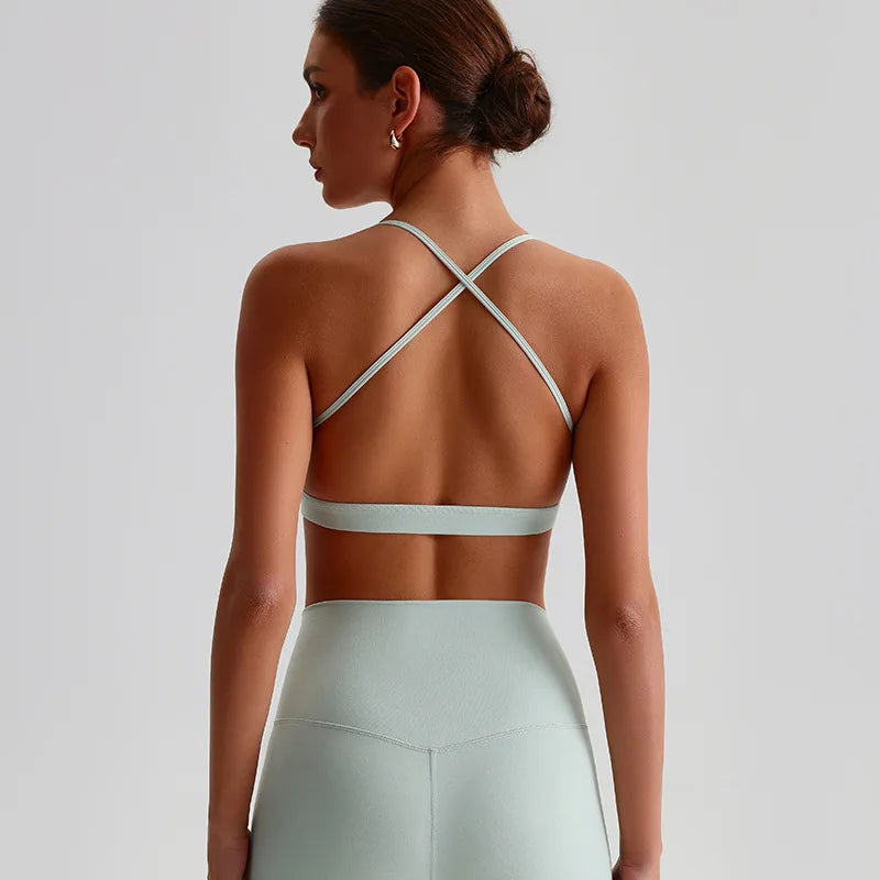 Summer Women's Sports Fitness Yoga Bra Wear Sexy Open Back Vest Sweatproof Breathable Gym Fitness Top Elastic Fabric Padded Bra