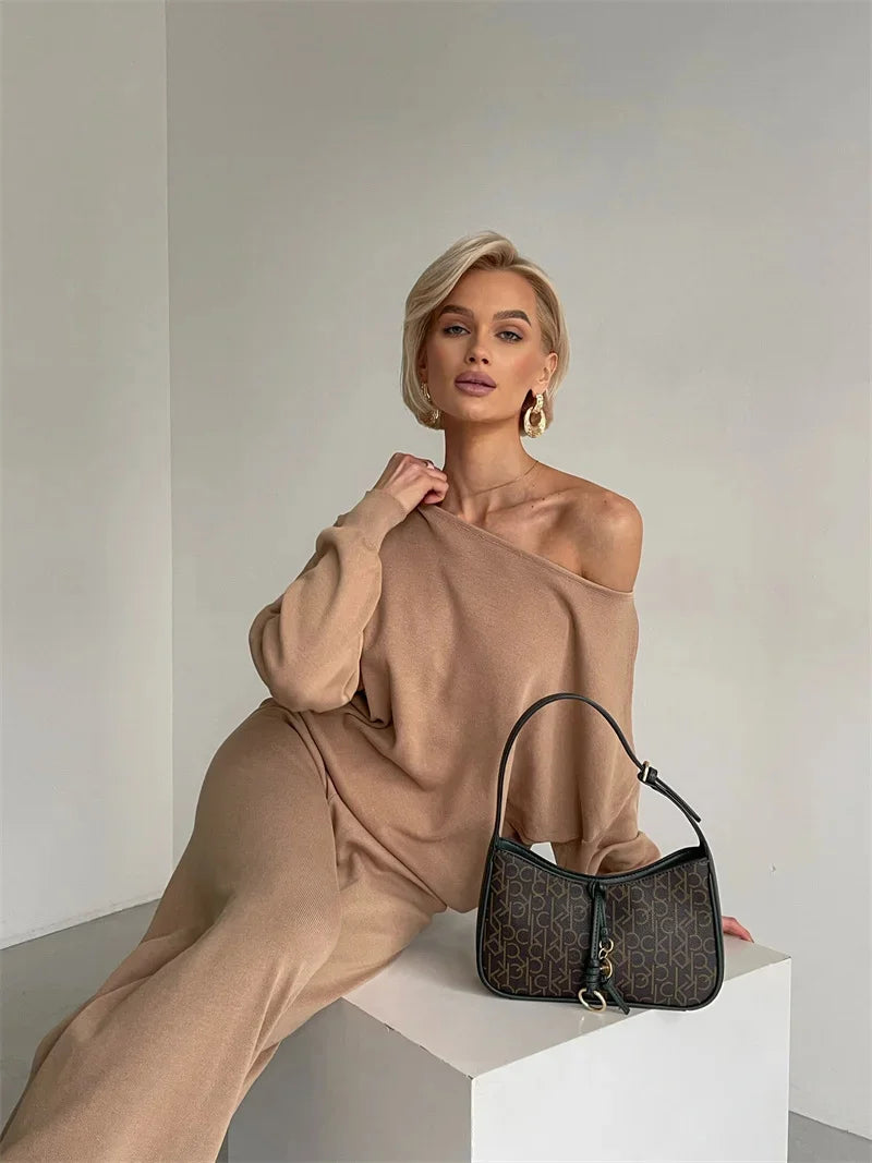 Elegant Loungewear Knitted 2 Piece Set Knit Pants and Sweater Matching Set Women Casual Winter Knitted Two Piece Sets Women 2024