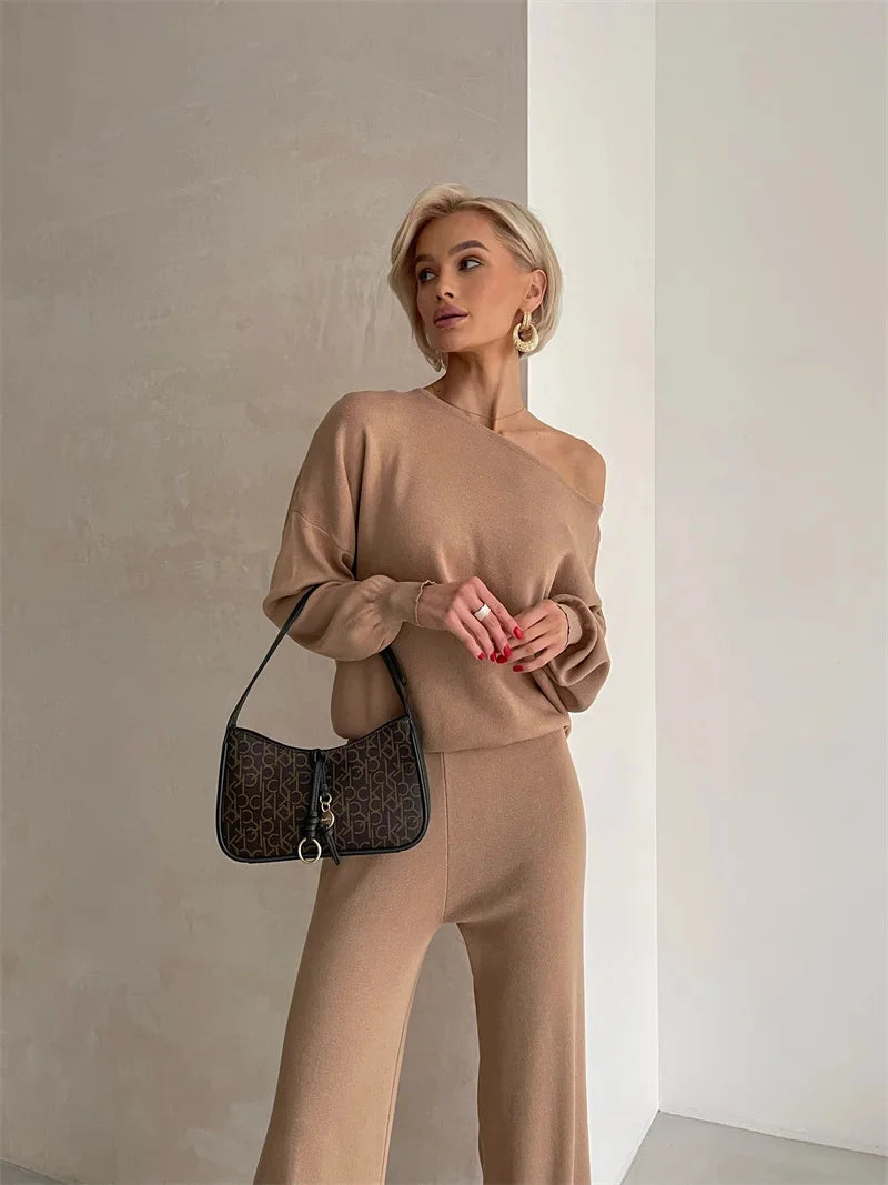 Elegant Loungewear Knitted 2 Piece Set Knit Pants and Sweater Matching Set Women Casual Winter Knitted Two Piece Sets Women 2024