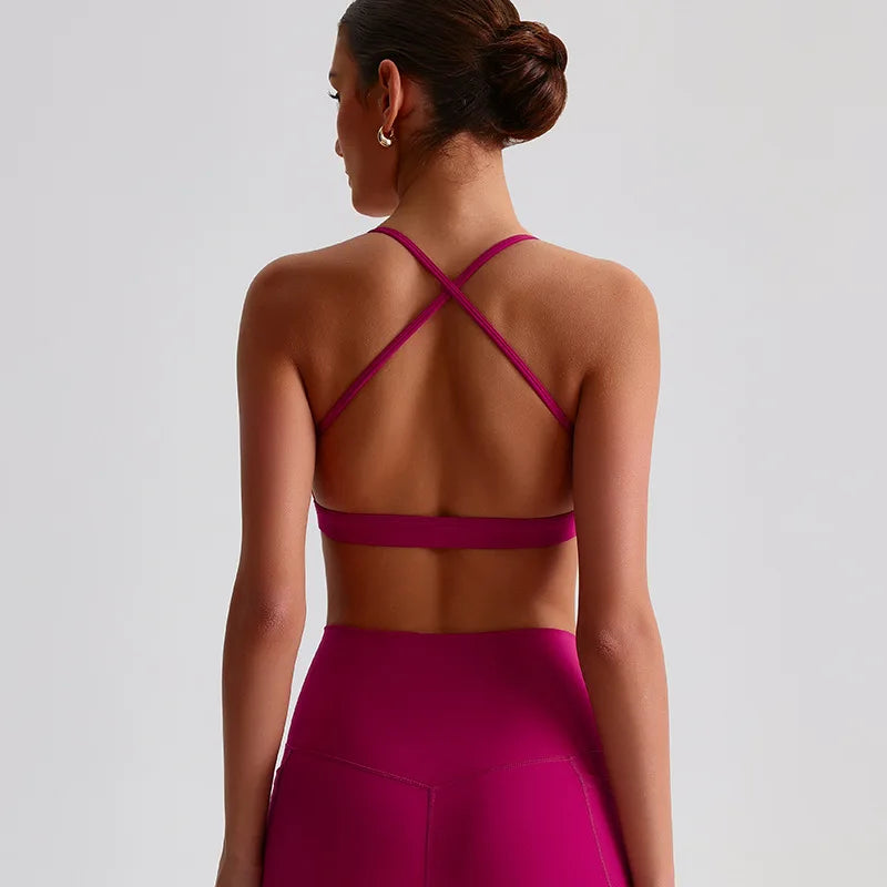 Summer Women's Sports Fitness Yoga Bra Wear Sexy Open Back Vest Sweatproof Breathable Gym Fitness Top Elastic Fabric Padded Bra