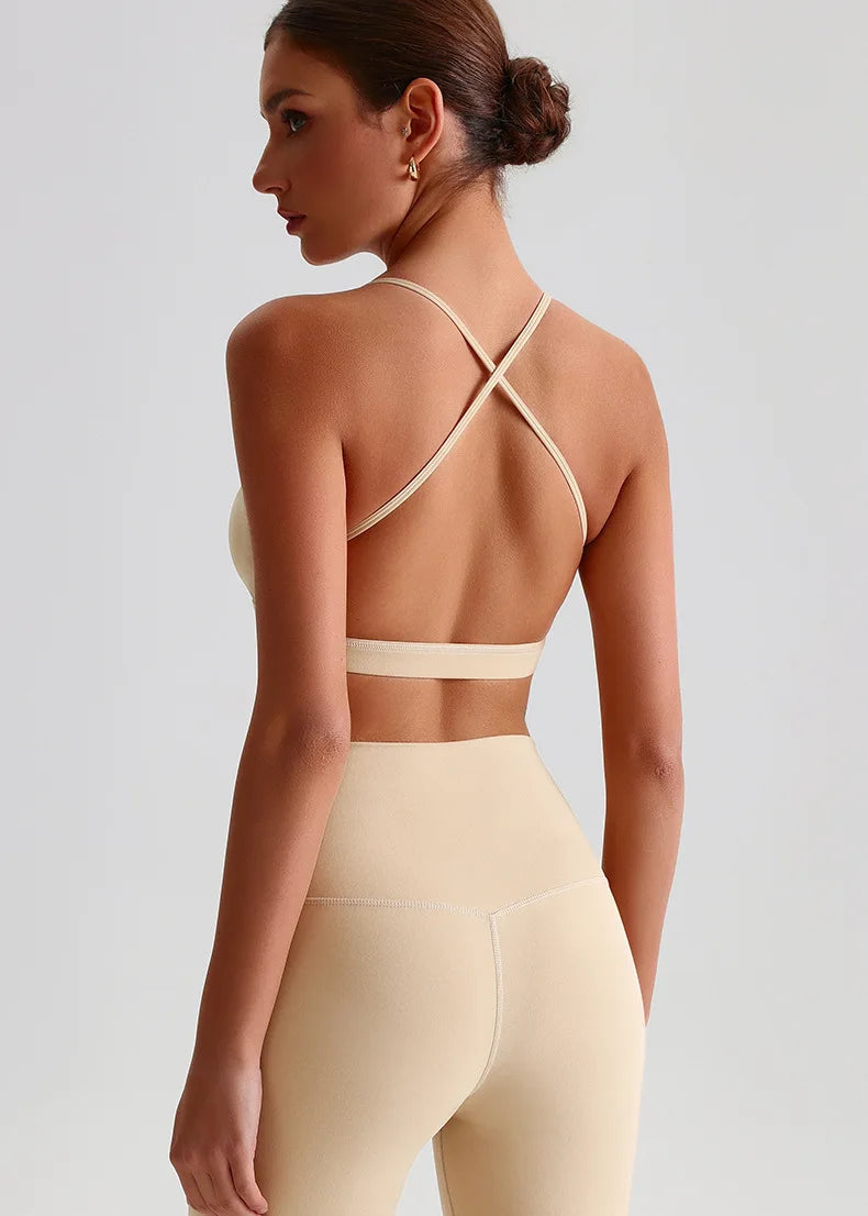 Summer Women's Sports Fitness Yoga Bra Wear Sexy Open Back Vest Sweatproof Breathable Gym Fitness Top Elastic Fabric Padded Bra