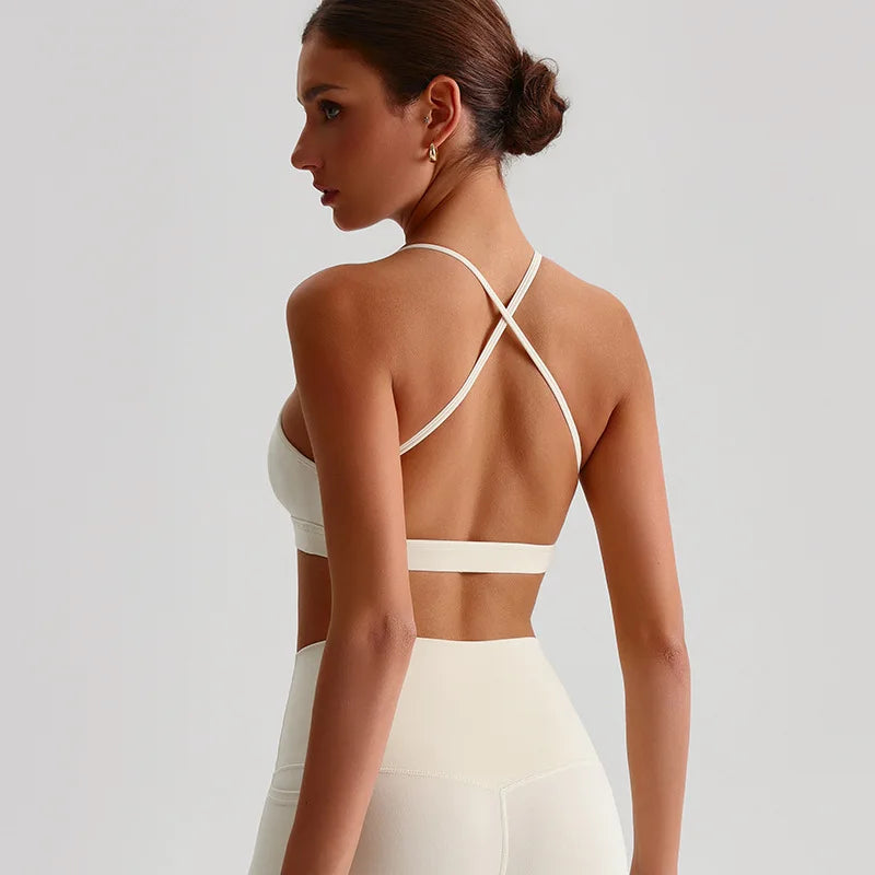 Summer Women's Sports Fitness Yoga Bra Wear Sexy Open Back Vest Sweatproof Breathable Gym Fitness Top Elastic Fabric Padded Bra