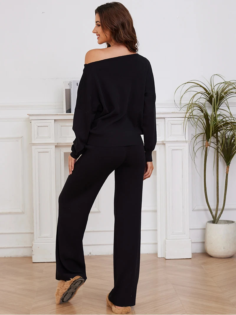 Elegant Loungewear Knitted 2 Piece Set Knit Pants and Sweater Matching Set Women Casual Winter Knitted Two Piece Sets Women 2024