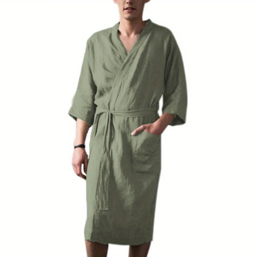 Spring-Autumn European-American Men's Loungewear - Comfortable Mid-Length 3/4-Sleeve Robe, Collarless Warm Half-Sleeve Pajamas