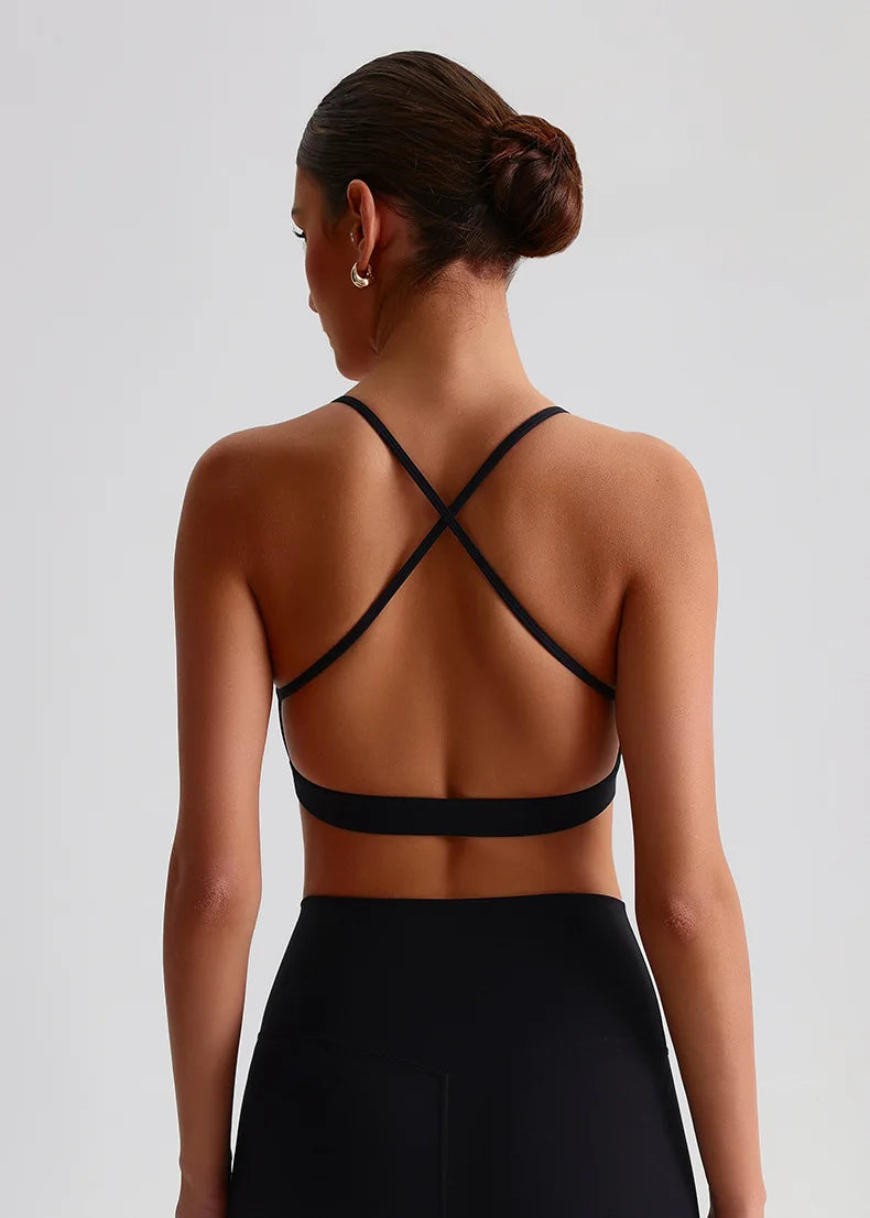 Summer Women's Sports Fitness Yoga Bra Wear Sexy Open Back Vest Sweatproof Breathable Gym Fitness Top Elastic Fabric Padded Bra