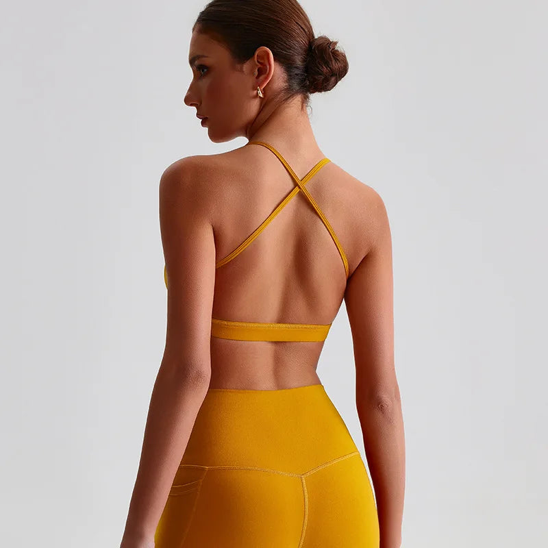 Summer Women's Sports Fitness Yoga Bra Wear Sexy Open Back Vest Sweatproof Breathable Gym Fitness Top Elastic Fabric Padded Bra