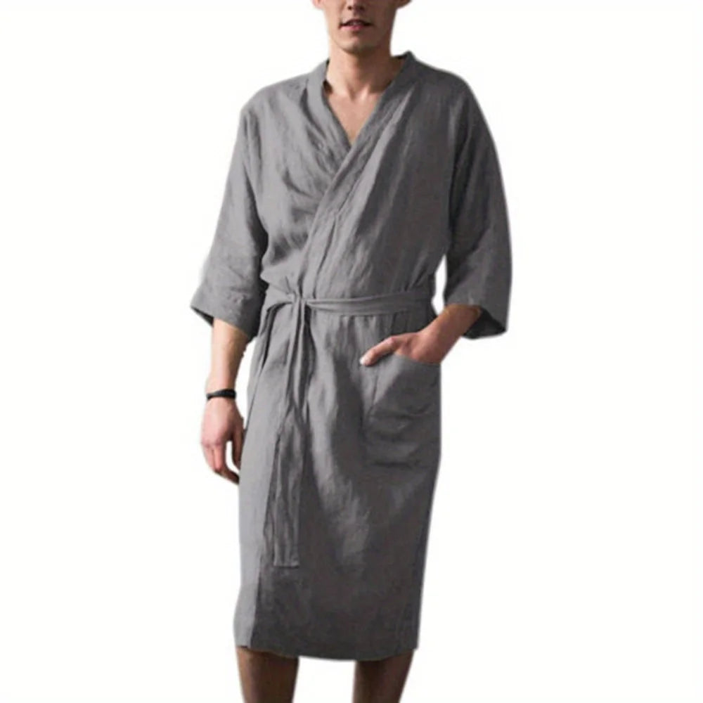 Spring-Autumn European-American Men's Loungewear - Comfortable Mid-Length 3/4-Sleeve Robe, Collarless Warm Half-Sleeve Pajamas