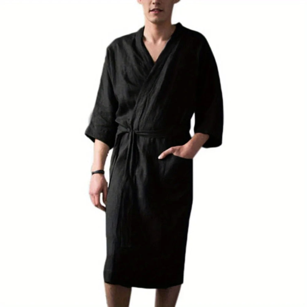 Spring-Autumn European-American Men's Loungewear - Comfortable Mid-Length 3/4-Sleeve Robe, Collarless Warm Half-Sleeve Pajamas