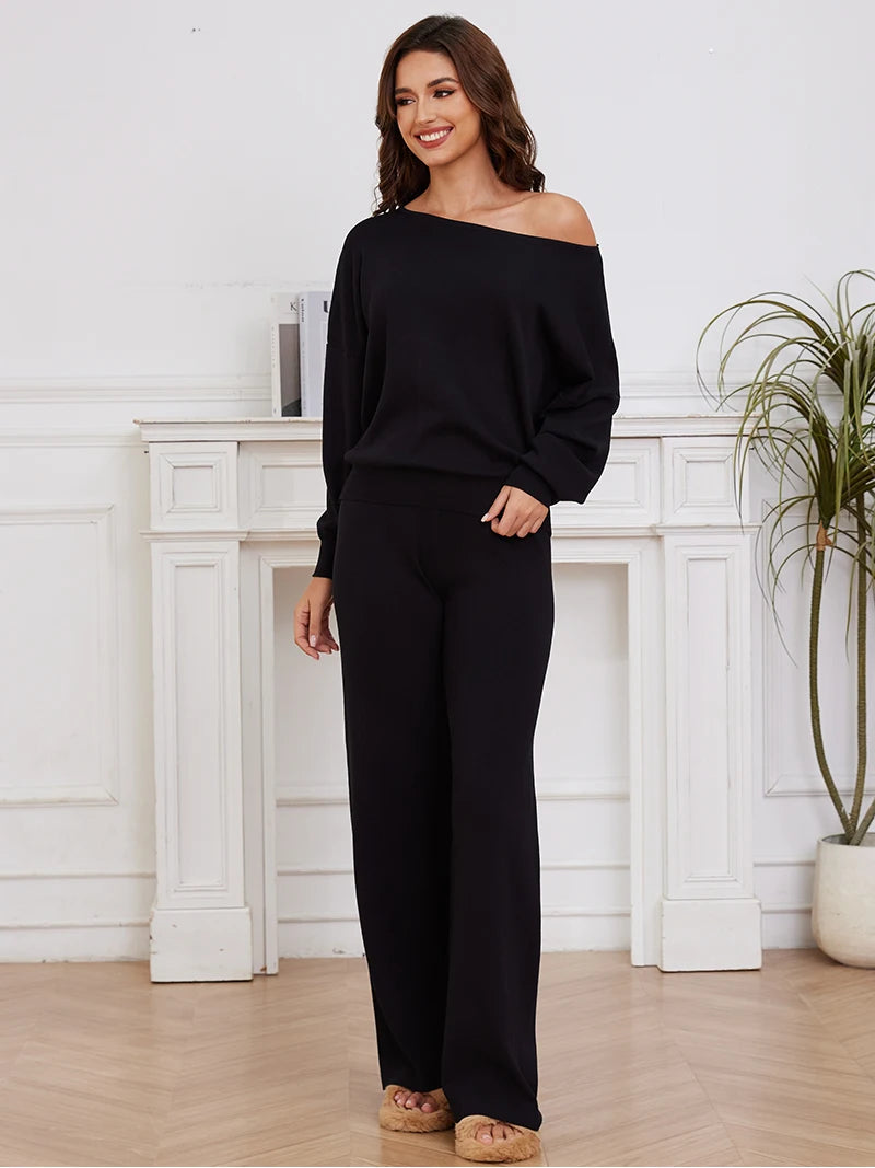 Elegant Loungewear Knitted 2 Piece Set Knit Pants and Sweater Matching Set Women Casual Winter Knitted Two Piece Sets Women 2024