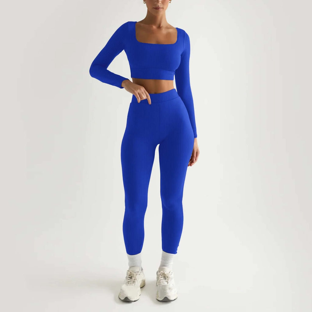 2Pc Yoga Sets for Women Women'S Fashion Casual Solid Color Long Sleeve Square Collar Two Piece Slim Yoga Sports Pants Suit Yoga Sets Yoga Package