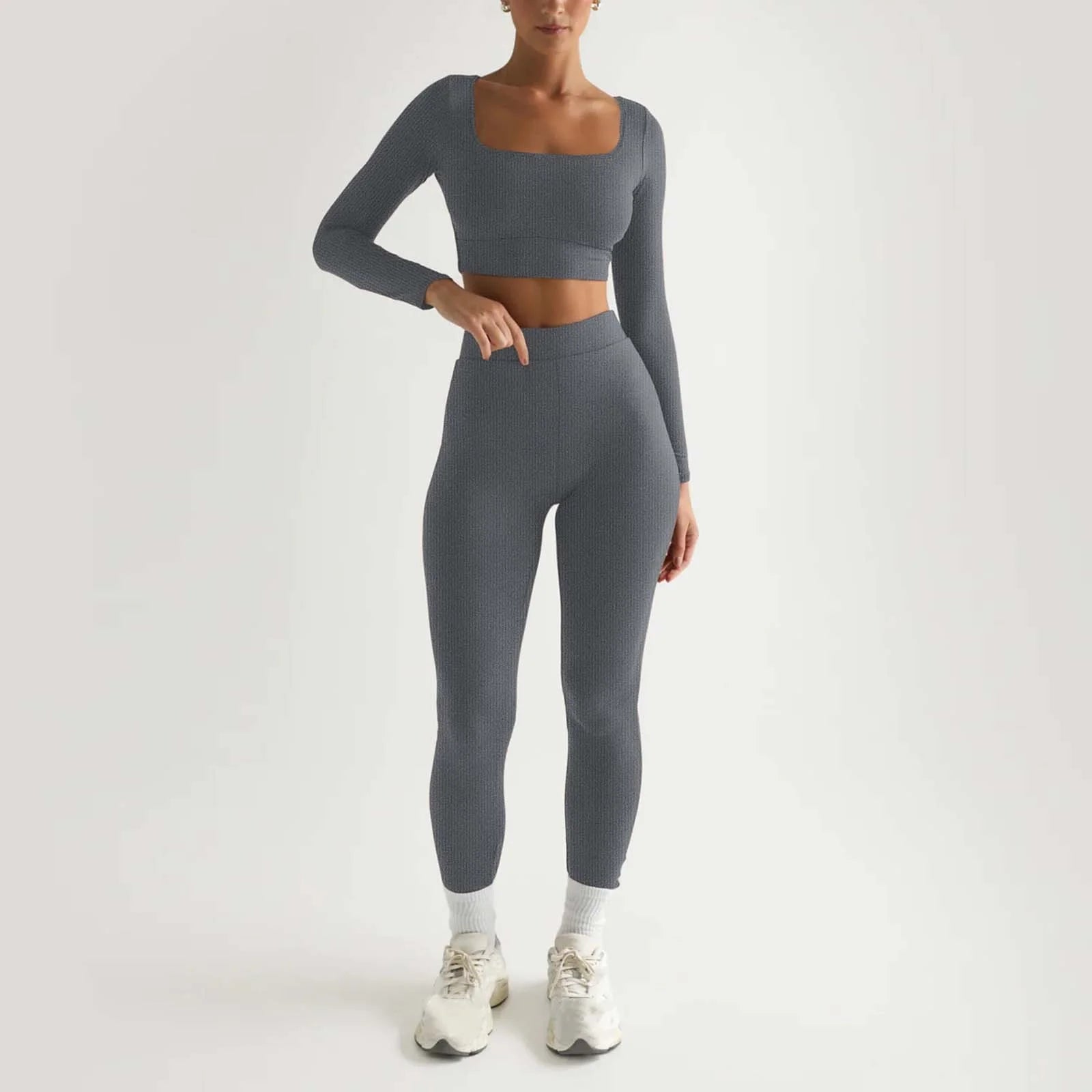2Pc Yoga Sets for Women Women'S Fashion Casual Solid Color Long Sleeve Square Collar Two Piece Slim Yoga Sports Pants Suit Yoga Sets Yoga Package