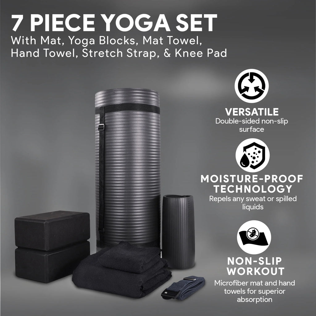 Fitness 7 Pc Yoga Set W/ Mat, Stretch Strap, & Knee Pad, Black