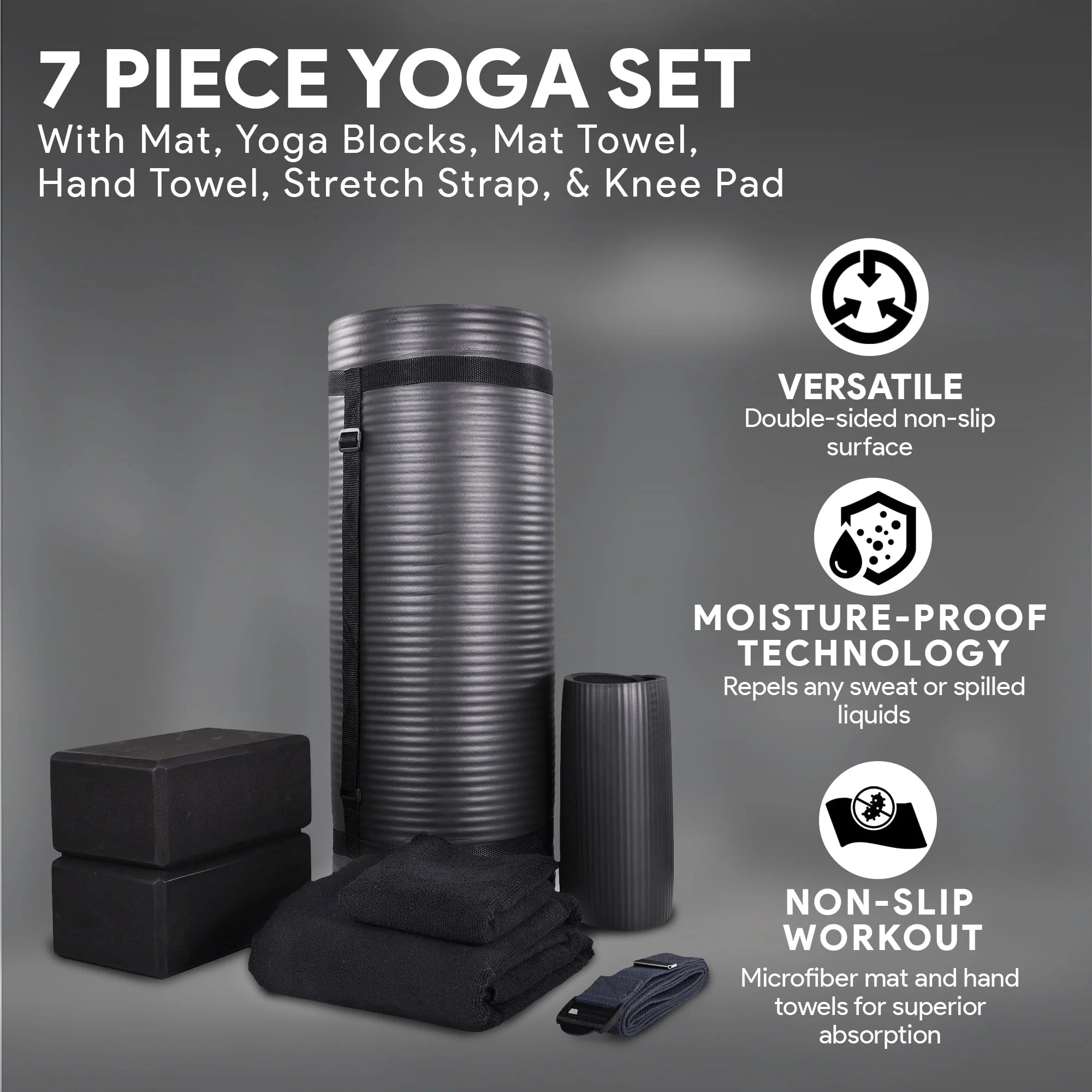 Fitness 7 Pc Yoga Set W/ Mat, Stretch Strap, & Knee Pad, Black